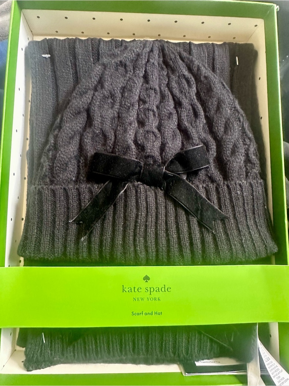 kate spade Black Cable-Knit Beanie with Velvet Bow Accent
